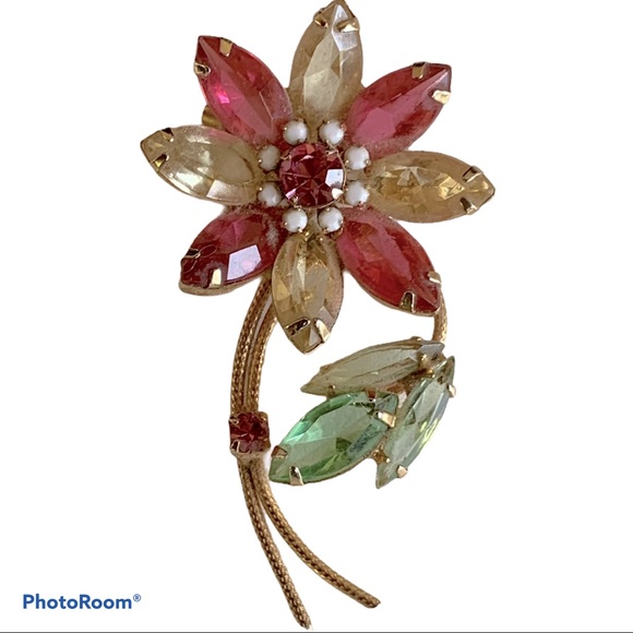 Vintage Rhinestone Flower Pin Brooch - Picture 1 of 9